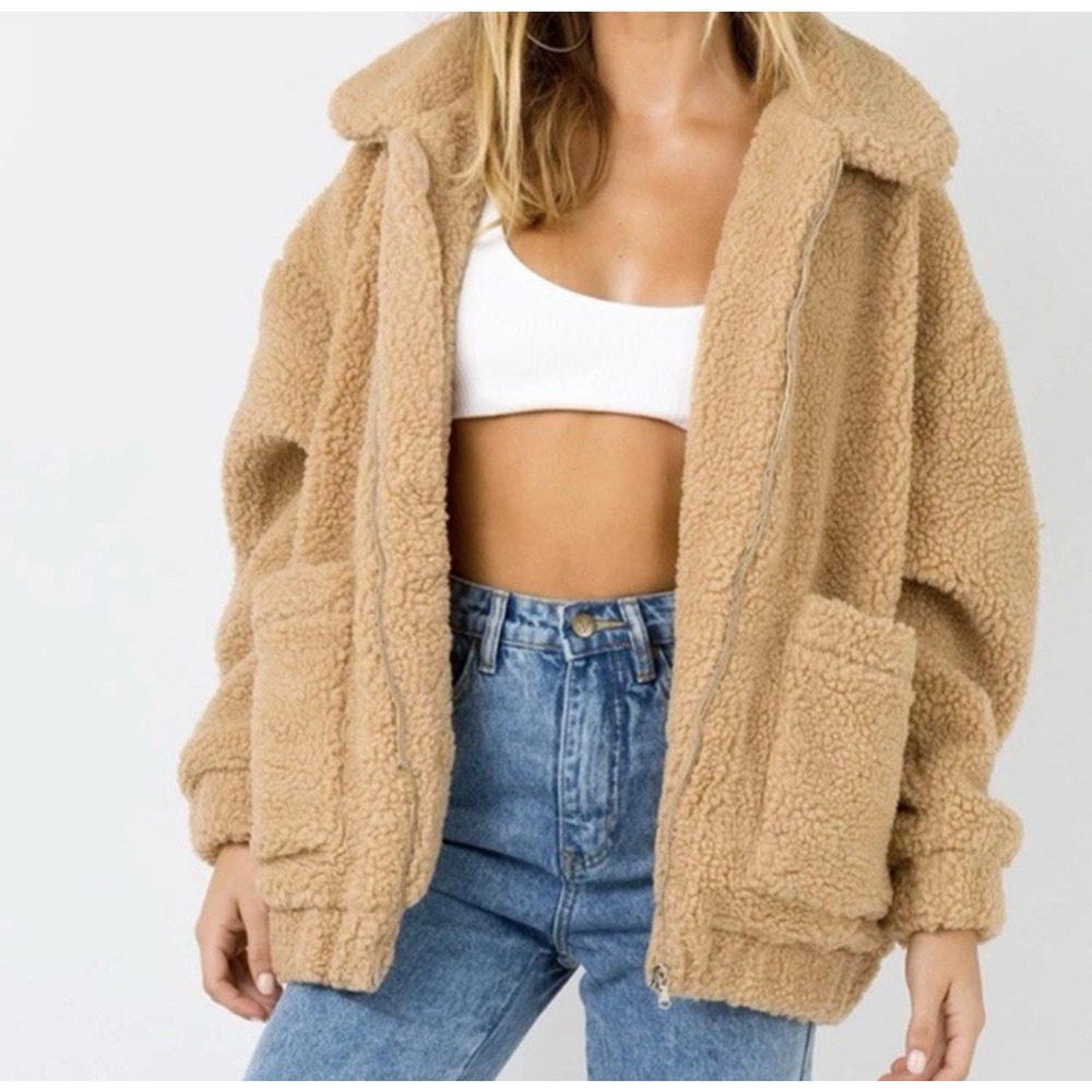 I.AM.GIA Women X-Small Faux Fur Jacket Full‎ Zip Lined Pockets Tan